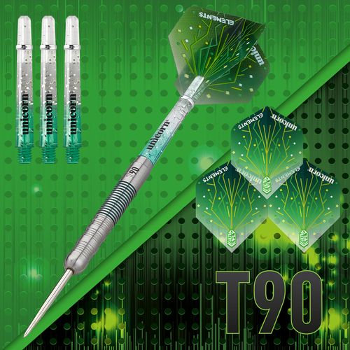 Unicorn Steel Tip Darts Set | Core XL T90 Series Style 1 | 90% Tungsten Barrels with Green Accents | 25 g
