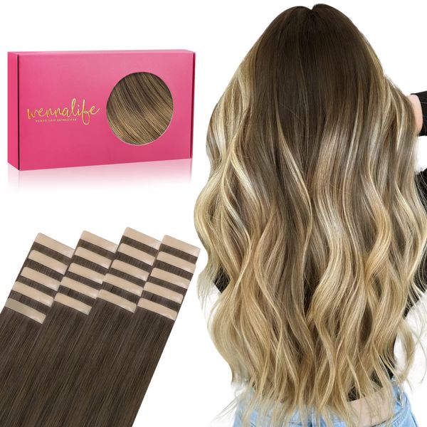 WENNALIFE Tape Extensions Echthaar, 20pcs 50g 45cm 18 Zoll Ombré Walnuss Braun bis Ash Braun und Bleach Blonde Remy Invisible Tape Extensions Seidig Gerade Echthaar Extensions Skin Weft Tape Ins