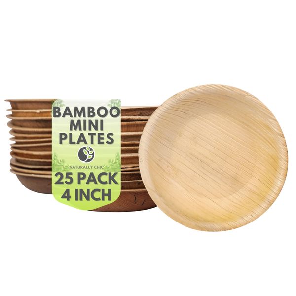 Naturally Chic 4 Inch Palm Leaf Mini Plates for Sauces, Salad Dressing - Tiny Disposable Soy Sauce Cups - 25 Pack Small Bamboo Like Plates - Eco-Friendly Charcuterie Accessory