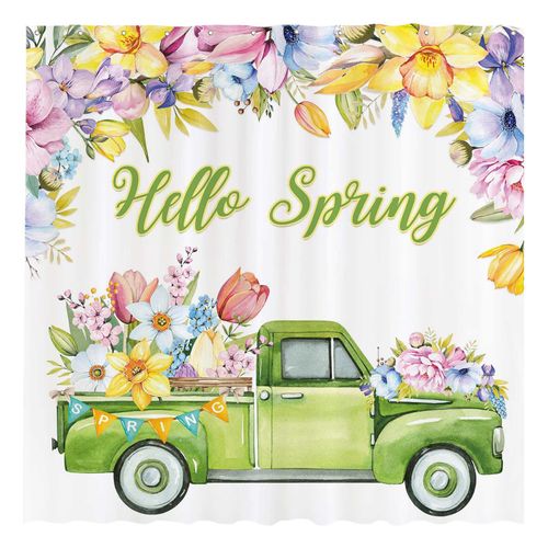 Allenjoy 72" x 72" Hello Spring Truck Shower Curtain for Bathroom Set Easter Watercolor Colorful Floral Flower Bath Bathtub Decorations Decor Durable Easy Care Machine Washable