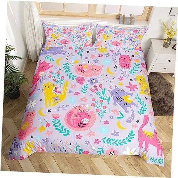 Cartoon Cat Duvet Cover,Cute Pet Animal Bedding Set for Girls Twin Multi 10