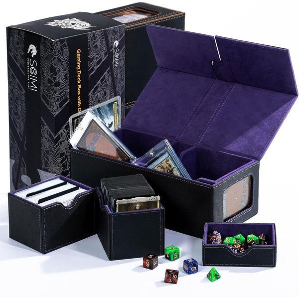 Mtg Commander Card Storage Box Fits 200 Double Sleeved Cards，Double Deck Box with Dice Tray, Leather Magnetic Card Storage Box for Magic Yugioh TCG CCG 2 Acrylic Cases & 2 Toploaders - Black&Purple