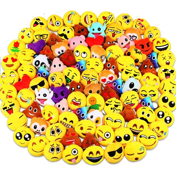 Dreampark Emoticon Party Favors, Emoticon Keychain 100 Pack Mini Plush Carnival Prizes for Kids Birthday Party Supplies Treasure Box School Prize Valentine Day Gifts for Kids Classroom Bulk Toy