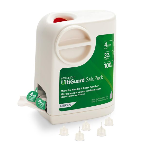 All-in-One UltiGuard Safe Pack Pen Needles and Sharps Container for at-Home Insulin Injections and Safe Needle Disposal, Size: Mini 4mm (5/32”) x 32G, 100 Count