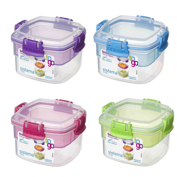 Sistema Snacks TO GO Food Storage Container, Assorted Colours, 400 ml, Small Pot with Compartments, BPA-Free