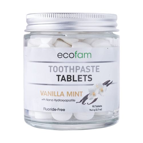 Ecofam Chewable Xylitol Toothpaste Tablets - 90 Natural Vanilla Mint Whitening Tabs - Eco Friendly Zero Waste Glass Jar - Fluoride-Free -with Nano Hydroxyapatite - Vegan - Made in The USA