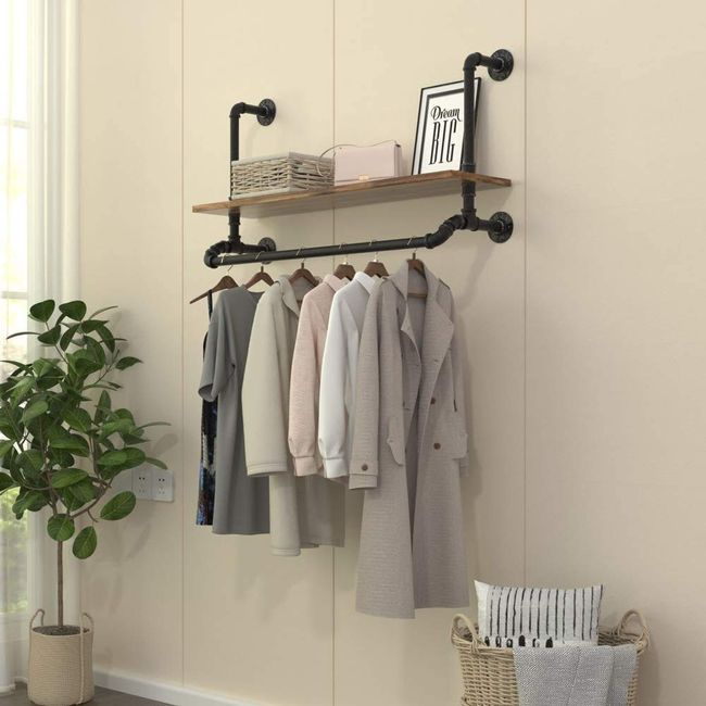 Iron Clothes Rack Hangers with Wood Shelves Heavy Duty Garment