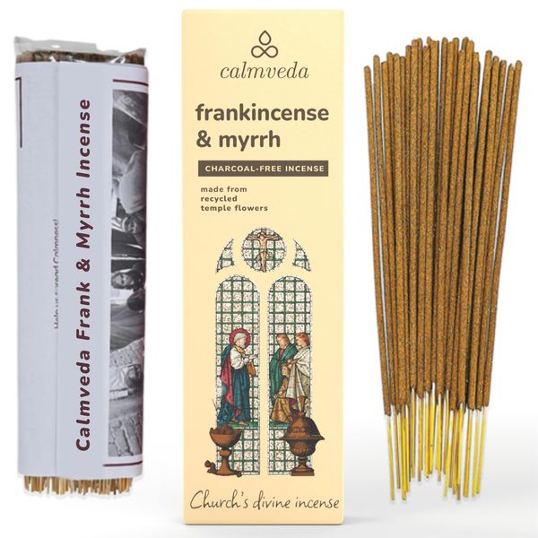 Calmveda Church Frankincense and Myrrh Incense - (80 Sticks) Charcoal Free Incense, Made from upcycled Flowers | Used as Spiritual Healing Incense in Church (Handmade Olibanum Incense)