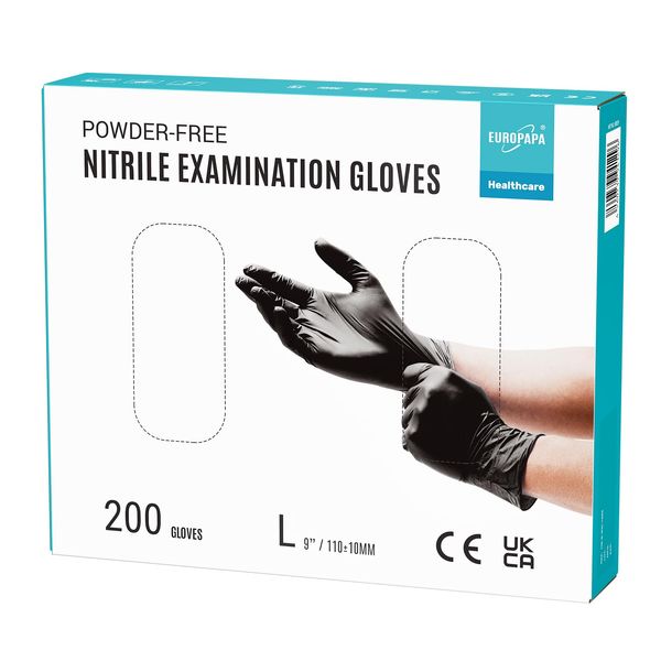 EUROPAPA® 200x Disposable Nitrile Gloves Powder-Free Examination Gloves EN455 EN374 Latex-Free Disposable Gloves in Sizes S, M, L & XL (L, Black)