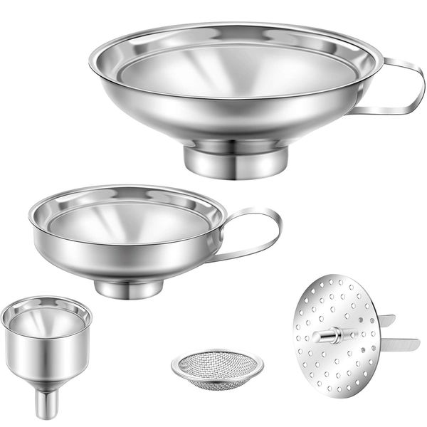 Shappy 5 Pieces Stainless Steel Funnels Set Canning Funnel Fine Mesh Strainer Mesh Filter Compatible with Wide and Regular Narrow Mouth Mason Jar