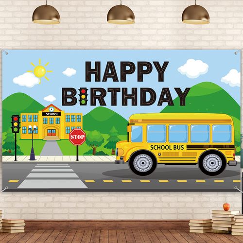 Yellow School Bus Birthday Party Decoration Backdrop Banner, 72.8 x 43.3 Inch Wheels Bus Bday Party Background for Kid Yellow Bus Theme Birthday Party Kindergarten First Day of School Party Supply