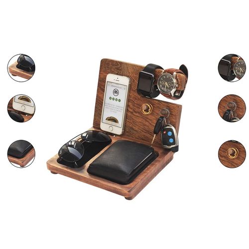 AB Handicrafts Weekend deals - Wooden Docking Station, Nightstand Organizer Wallet, Watch Stand Key Holder Fathers Day Christmas Day, Gifts for DAD, Husband, Compatible with iPhone