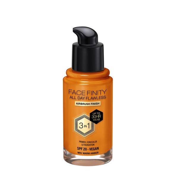 Max Factor Facefinity 3-in-1 All Day Flawless Liquid Foundation, SPF 20-91 Warm Amber, 30 ml