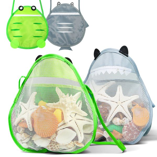 Novelty Place Sea Shell Bag for Kids, Shell Collecting Picking Up Holding Mesh Shells Bags with Strap for Children, Beach Sand Toy Seashell Bag Green & Grey (Pack of 2)