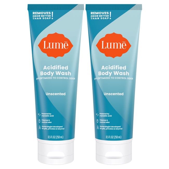 Lume Acidified Body Wash - 24 Hour Odor Control - Removes Odor Better than Soap - Moisturizing Formula - SLS Free, Paraben Free - Safe For Sensitive Skin - 8.5 ounce (Pack of 2) - Unscented