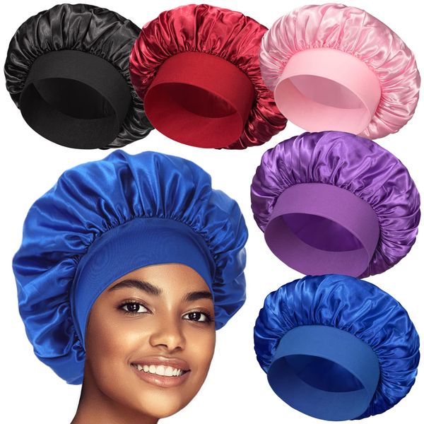 5 Pack Silk Bonnet for Sleeping Satin Bonnet for Sleeping, Bonnets for Black Women Hair Bonnet for Sleeping Silk Sleep Cap, Wide Soft Band Large Bonnet for Curly Hair