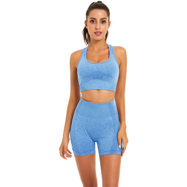 Toplook Women Seamless Yoga Workout Set 2 Piece Outfits Gym Shorts Sports Bra (Light Blue, Medium)