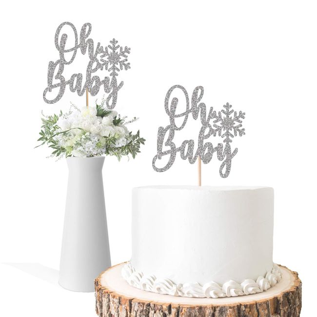 (Set of 2) Snowflake Oh Baby Cake Topper or Centerpiece, Silver Glitter Winter Baby Shower Decorations, Wonderland or Gender Reveal Party Decor (Set of 2)