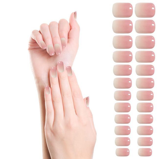 ALLY-MAGIC 24 Pieces Nude Gradient White False Nails Short Press on Nails French Fake Nails Glossy Mid-length Ballerina Fake Nails for Manicure Y2-FNYRJP
