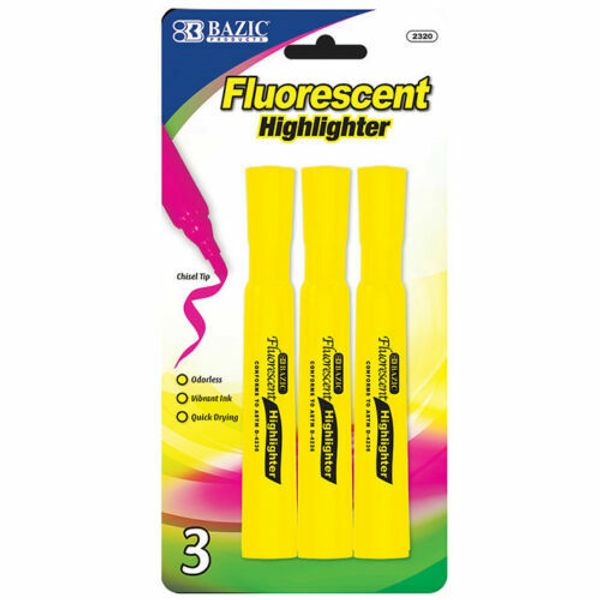 Yellow Desk Style Fluorescent Quick Drying Highlighters 3 Per Pack - US SHIPPING