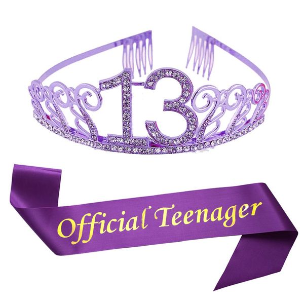 13th Birthday Purple Tiara and Sash Glitter Satin Sash and Crystal Rhinestone Tiara Crown for Happy 13th Birthday Party Supplies Favors Decorations 13th Birthday Party Accessories