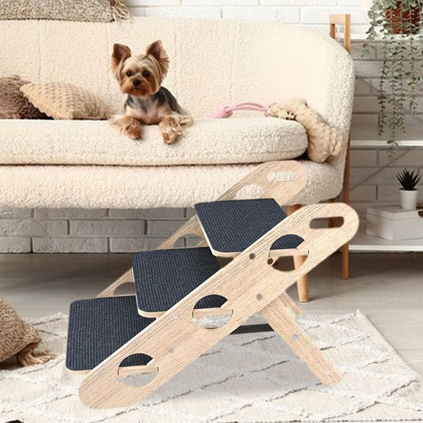 Wood Dog Stairs Extra Wide Pet Steps Foldable Puppy Climbing Aids Anti Slip