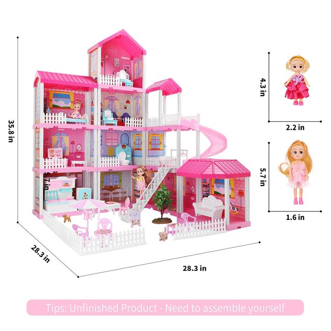 TEMI Doll House with 2 Doll Toy Figures, 4-Story 10 Rooms Dollhouse with  Accessories and Furniture, Toddler Playhouse Gift for Kids Ages 3 Toys for  3