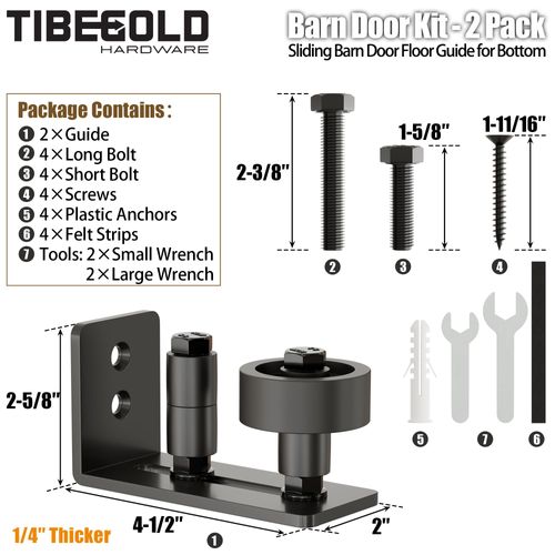 TIBEGOLD Barn Door Floor Guide, Wall Mounted Barn Door Rollers for Bottom Adjustable Roller, 8 Setup Options Sliding Door Guide, Adjustable Stay Roller with Flush Design and Felt Strips, Black, 2 Pack