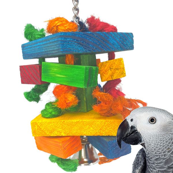 Bonka Bird Toys 3616 Small Block Tower Bird Toy Colored Natural Wooden Chew Chunks Twisted Cotton Knotted Rope Melodic Bell Parakeet Cockatiel Conures