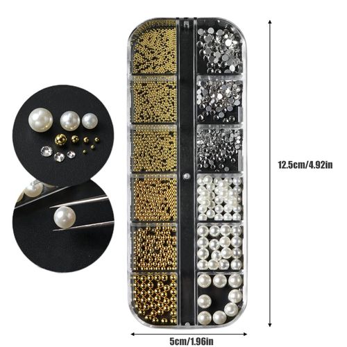 1 scatola/12 griglie per nail art, perline per unghie, perline semicircolari, piccole perle in acciaio inox, perline flatback per donne, decorazioni per unghie in acrilico griglie per nail art