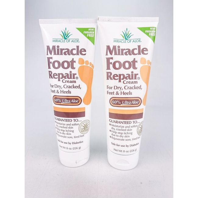 Miracle of Aloe Foot Repair Cream For Dry Cracked Feet 8 Oz Each Lot Of 2