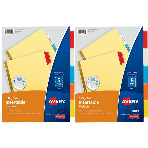 AVERY 5-Tab Binder Dividers, Insertable Multicolor Big Tabs 2 Set Paper Organize