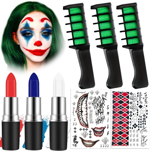 Clown Makeup Kit, Haarkreide Haar Färben Kamm*3+Halloween Makeup Face Painting Kit Lippenstift*3+Tattoo Aufkleber*2,Halloween Dress Up Cosplay Party DIY für Halloween & Karneval