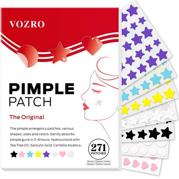 VOZRO Pimple Patches, Colorful Hydrocolloid Acne Patches for Face, Cute Star Pimple Patches with Salicylic Acid, Tea Tree & Centella Oil (Round,Star,Peach Shapes| 6 Sizes| 271 Count)
