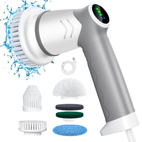 Electric Spin Scrubber,power scrubber with 2 speed and Smart led Display,Handhold cleaning brush for shower floor and cars,5 Replace Brush Heads for kitchen,Wall,Tile dishes