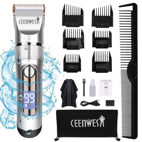 Ceenwes Professional Hair Clippers Cordless Hair Trimmer Low Noise Hair Cutting Kit Beard Trimmer IPX7 Waterproof Body Hair Removal Machine with LED Display Hairdressing Cape and Travel Bag