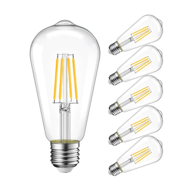 LVWIT Edison Lamp E26 Base, 806LM Filament LED Bulb (6W) 60W Equivalent, ST64 Retro Bulb, 2700K, Non-Dimmable, Pack of 6