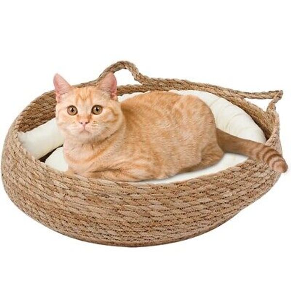 Woven Soft Cat Bed 17" Comfortable Cat Scratcher w/ Cushion Pillow & Bamboo Mat