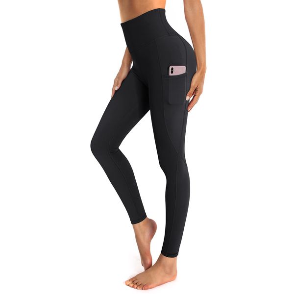 OUGES Womens High Waist Yoga Pants with Pockets Workout Running Gym Leggings(Black,M)