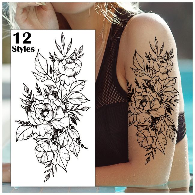 LEADTEAM 12 Blätter Temporäre Tattoos, Fake Tattoo 3D Rose Tattoo Blume Tattoo Klebe Tattoo zum Aufkleben, Klebetattoo Erwachsene Tatoos Aufkleben Damen Fake Tattoo Frauen Tattoo Festival