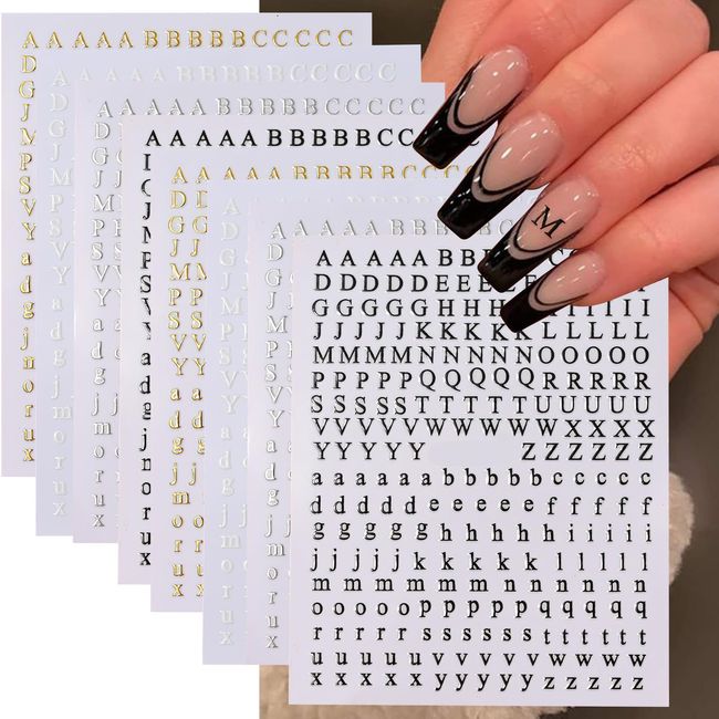 ROFIBUT Letters Nail Art Stickers English Alphabet Nail Decals 3D Self-Adhesive Metallic Gold Silver Nail Sticker Black Alphabet Nail Art Supplies for Women Girls DIY Nail Decoration Manicure 8 Sheets