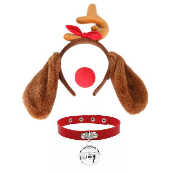 Topcosplay Unisex Christmas Dog Costume 3pcs Set Ears Headband Collar and Red Nose