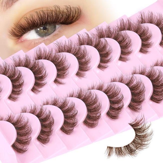 Brown Lashes Natural Look False Eyelashes Faux Mink 6D Wispy Fluffy Eye Lashes DD Curl Fake Eyelashes 9 Pairs Pack