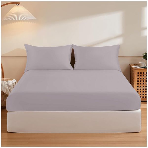 Fitted Bed Sheets King Size (150x200 cm) - Breathable Fitted Sheet 25cm(10") Deep - Elasticated Corners Bottom Sheet - Grey