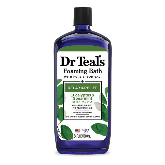 Dr Teal's Foaming Bath with Pure Epsom Salt, Relax & Relief with Eucalyptus & Spearmint, 34 fl oz (Packaging May Vary)