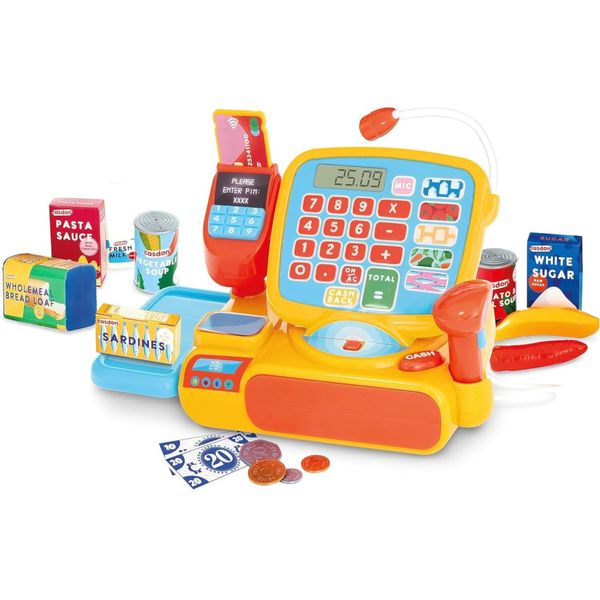 Casdon Cash Register - Toy Shopping Till Set with Working Calculator, Scanner, Pretend Money, Play Food, & More - Suitable for Preschool Toys - Playset for Children Aged 3+