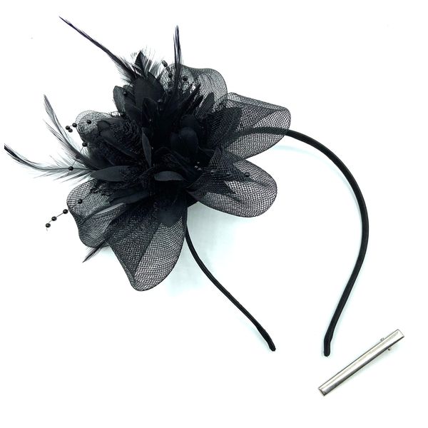 Ladies Beaded Feather Fascinator Clip/Headband Weddings, Races, Royal Ascot (Black)