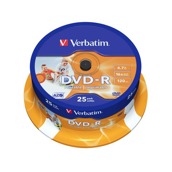 Verbatim DVD-R Wide Inkjet Printable 4.7GB, 25er Pack Spindel, DVD Rohlinge bedruckbar, 16-fache Brenngeschwindigkeit & Hardcoat Scratch Guard, DVD-R Rohlinge printable, DVD leer