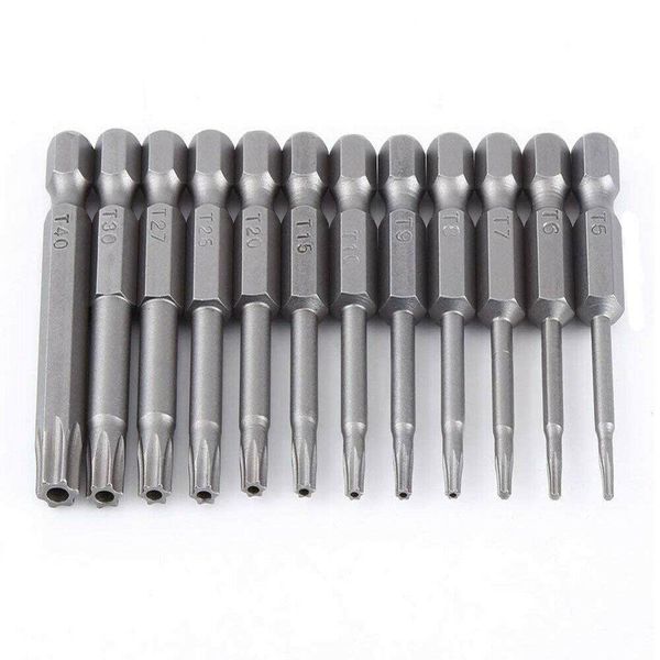 12 x 50mm Tamper Evident Security Drill Bit Set, Torx Screwdriver, Flat Head, 1/4" Hexagon
