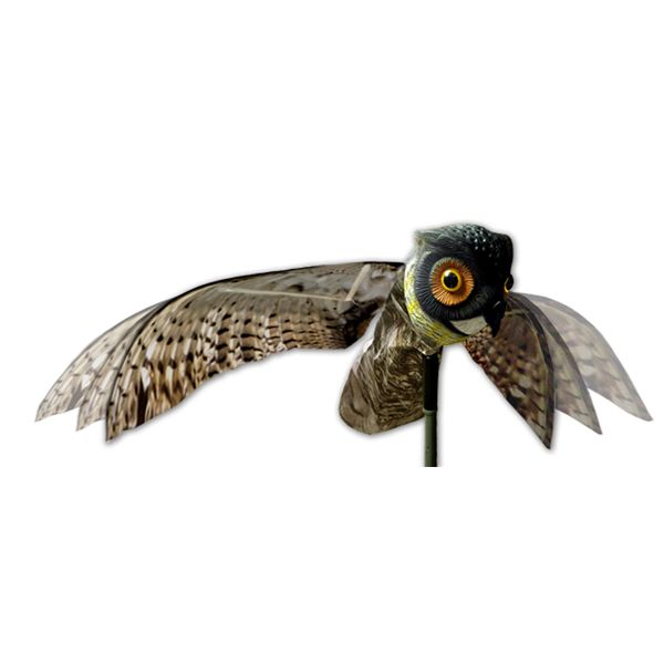 Bird-X Prowler Fake Owl Moving Wings-Realistic Bird Scare, Hawk, Pigeon, and Squirrel Repellent, Pest Deterrent Decoy Black Small